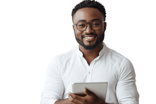 Smiling man with tablet in white shirt, cut out transparent png