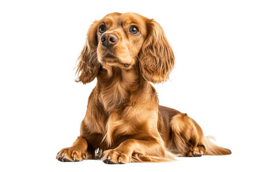 Lying golden cocker spaniel dog, portrait, isolated , cut out transparent png