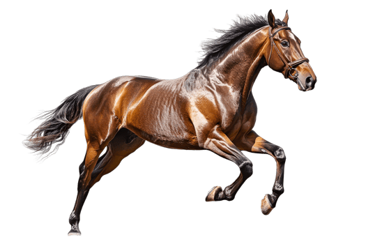 Running brown horse with bridle, free-spirited, dynamic movement , cut out transparent png