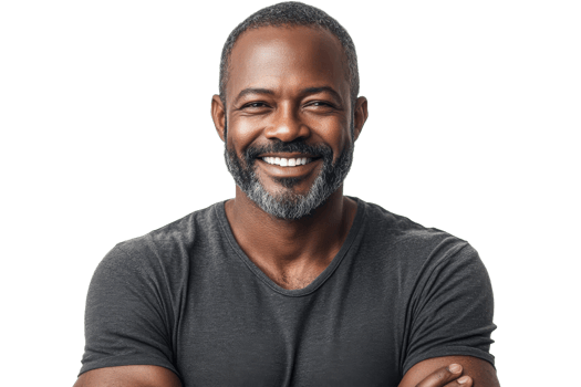 Smiling mature man with beard and grey hair, happy expression, cut out transparent png
