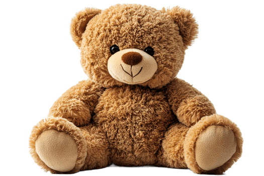Plush teddy bear sitting upright, soft texture, brown, cute, cut out transparent png