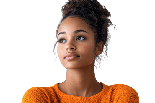 Portrait of pensive girl with curly hair in orange sweater, cut out transparent png