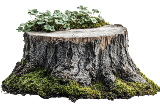 Mossy tree stump in forest, weathered wood texture detail, cut out transparent png