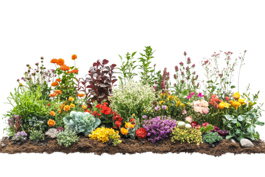 Colorful diverse flowerbed, garden, many plants isolated, cut out transparent png