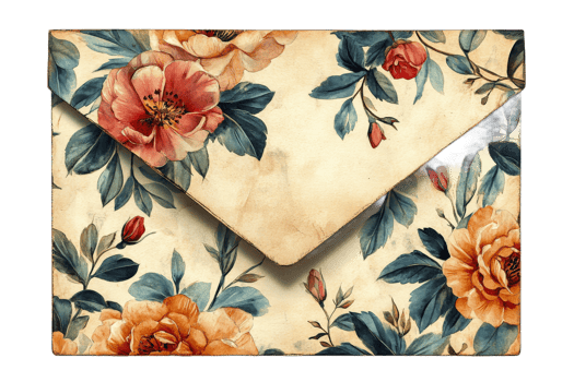 Floral Envelope with Watercolor Flowers and Aged Texture, cut out transparent png