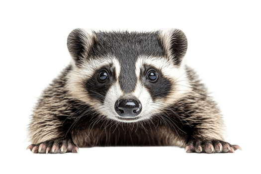 Raccoon posing with front paws at eye level, close up portrait, cut out transparent png