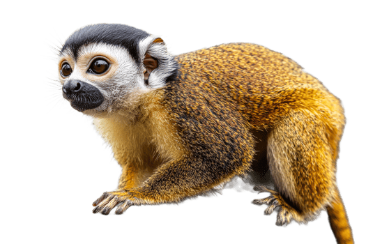 Squirrel monkey with striking eyes and golden fur, cut out transparent png