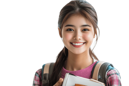 Smiling young woman student holding books, cut out transparent png