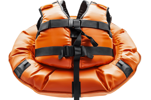 Orange life jacket and ring for marine safety, equipment, cut out transparent png