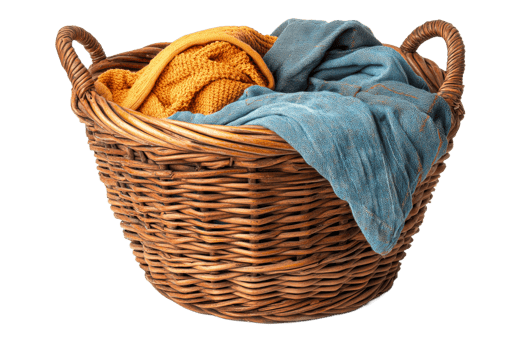 Wicker basket with cozy textiles in yellow and blue tones, cut out transparent png