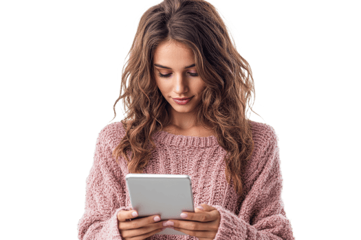 Girl in sweater uses tablet, looks down, relaxed pose, cut out transparent png