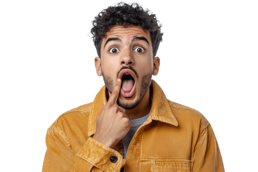 Surprised man showing with finger in open mouth, cut out transparent png