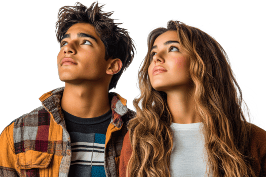 Young couple looks up, hopes and dreams, longing, cut out transparent png