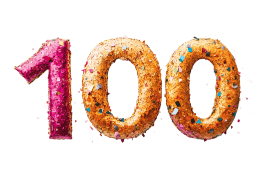 Shiny number one hundred with pink and gold confetti, cut out transparent png