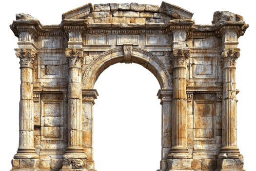 Elaborate stone archway with pillars against dark backdrop, cut out transparent png