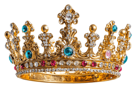 Golden crown with gemstones, jewelry for royalty, treasure, cut out transparent png