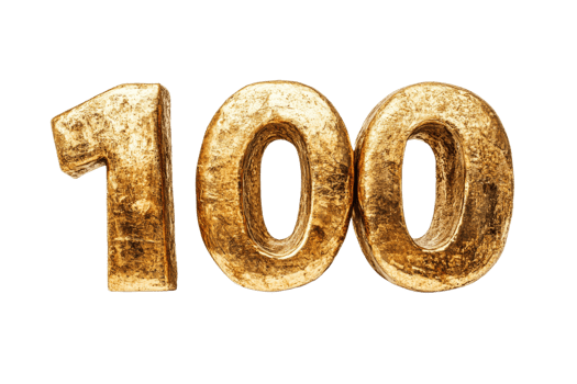 Number one hundred with golden grunge surface, cut out transparent png