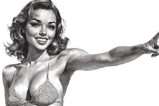 Woman in bikini, reaching, retro style, engraved effect, cut out transparent png