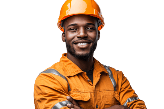 Confident Construction Worker Smiles in Orange Hard Hat, cut out transparent png