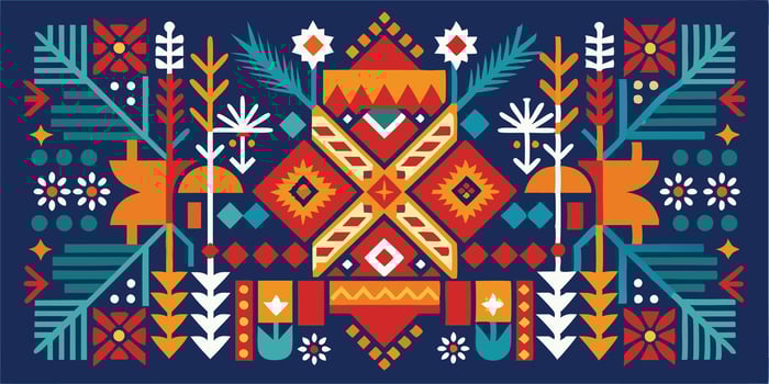 Vibrant folk art pattern, geometric shapes, symmetrical design, navy blue background, red and orange diamonds, teal pine branches, white floral elements, yellow accents, tribal motifs vector