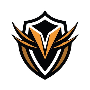 Logo design, shield shape, abstract bird or phoenix, sharp angles, orange and black color scheme, symmetrical, minimalist, modern, esports team emblem, graphic, clean lines, dynamic vector