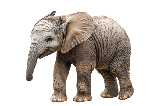 Adorable baby elephant with trunk hanging, cut out transparent png