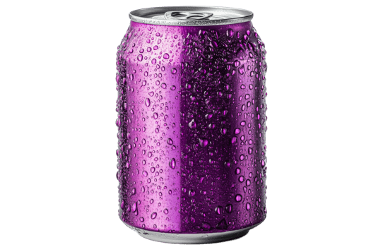 Refreshing cold drink can, condensation droplets, purple, cool, cut out transparent png
