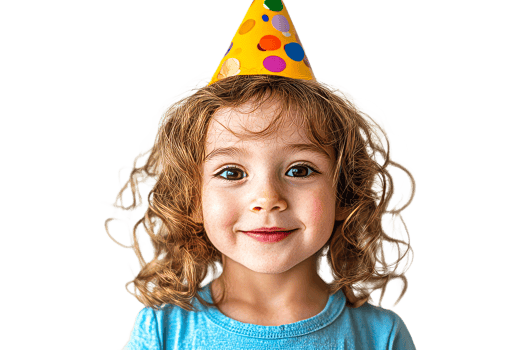 Young girl with party hat smiles happily at camera, cut out transparent png