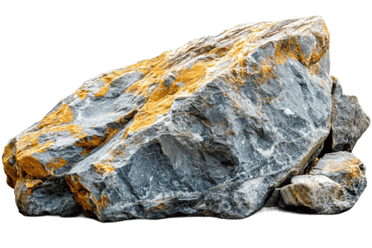 Stone boulder with yellow inclusions on a black backdrop, cut out transparent png