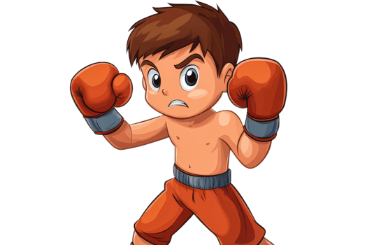 Cartoon kid in boxer stance with orange gloves, confident, cut out transparent png