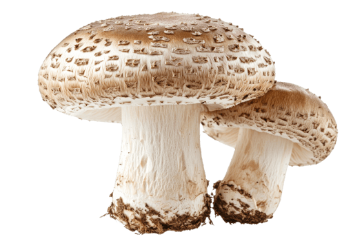 Two parasol mushrooms in close-up, isolated on black, cut out transparent png