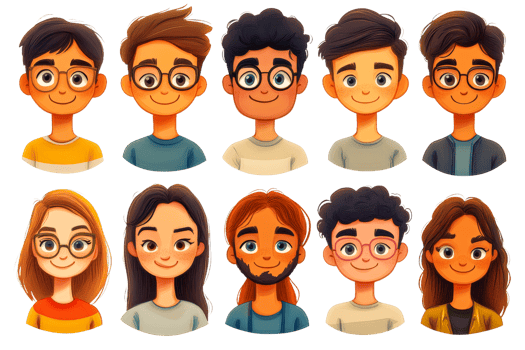 Cartoon portrait of diverse young people with glasses, cut out transparent png