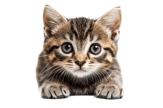 Kitten portrait, tabby pet, face closeup, cut out transparent png