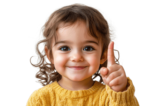 Happy girl showing number one gesture, cut out transparent png