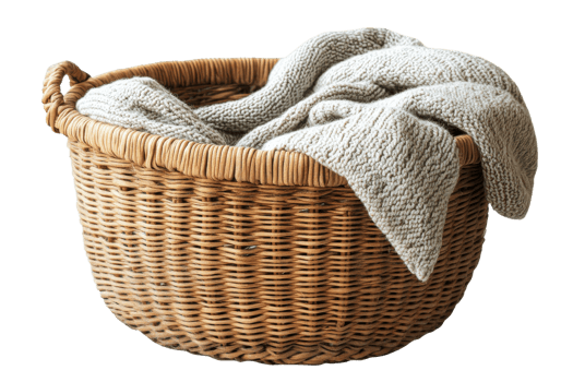 Wicker basket with knitted blanket, isolated, cutout transparent png