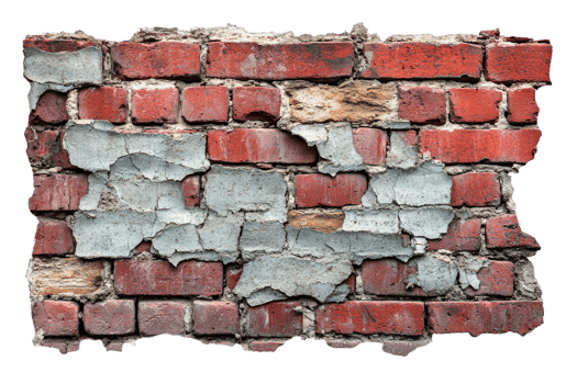 Weathered Red Brick Wall with Peeling Paint Texture, cut out transparent png