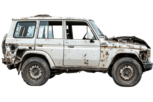 Wrecked White SUV With Rust and Damage, Side View, cut out transparent png