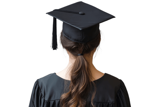 Back view of graduate girl with master cap, hairstyle, cut out transparent png