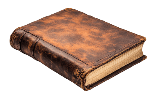 Antique book with leather cover, aged paper pages, cut out transparent png