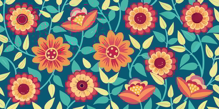 Vibrant floral pattern, retro style, teal background, red and orange flowers, stylized petals, yellow leaves, folk art inspired vector