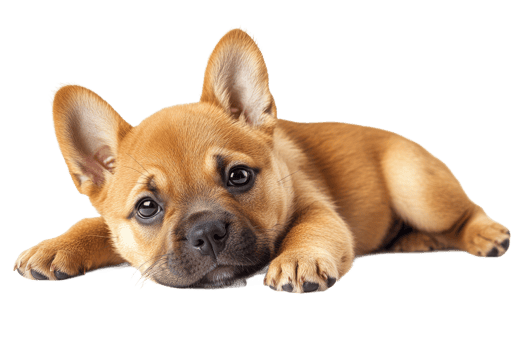 Brown puppy lying down, eyes open, cute dog, studio shot, cut out transparent png