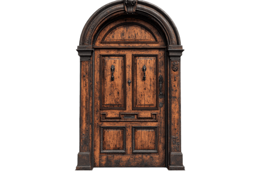 Antique ornate carved wooden door with arched frame, cut out transparent png