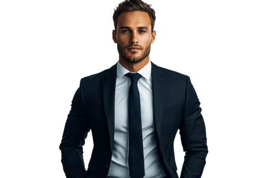 Handsome man in suit posing confidently for portrait, cut out transparent png