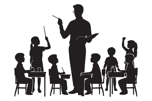 Silhouette of Teacher and Students in Classroom Education Image vector