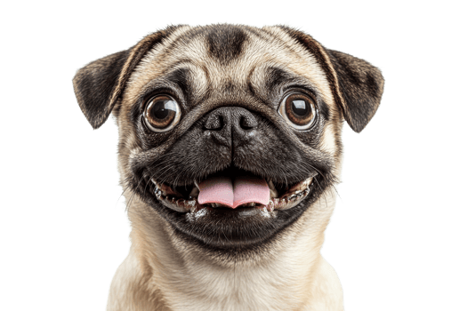 Smiling Pug Portrait with Tongue Out and Big Eyes, cut out transparent png