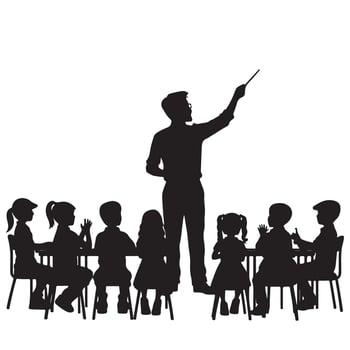 Silhouette of Teacher Instructing Students in Classroom Learning vector