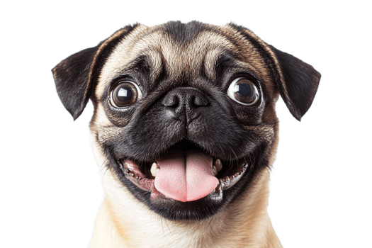 Happy playful Pug dog showing tongue, cut out transparent png