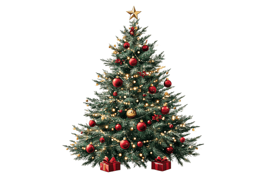 Decorated Christmas tree with gifts, red ornaments, star, cut out transparent png