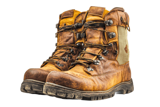 Rugged brown leather hiking boots with laces, footwear, cut out transparent png