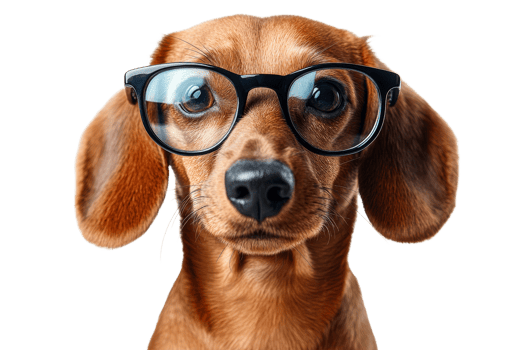 Brown dachshund with glasses, portrait of dog, cut out transparent png